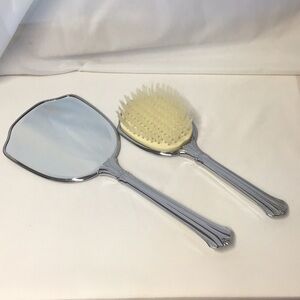 Vintage SilverTone Hand Mirror & Brush Set  Cream removable brush bristles